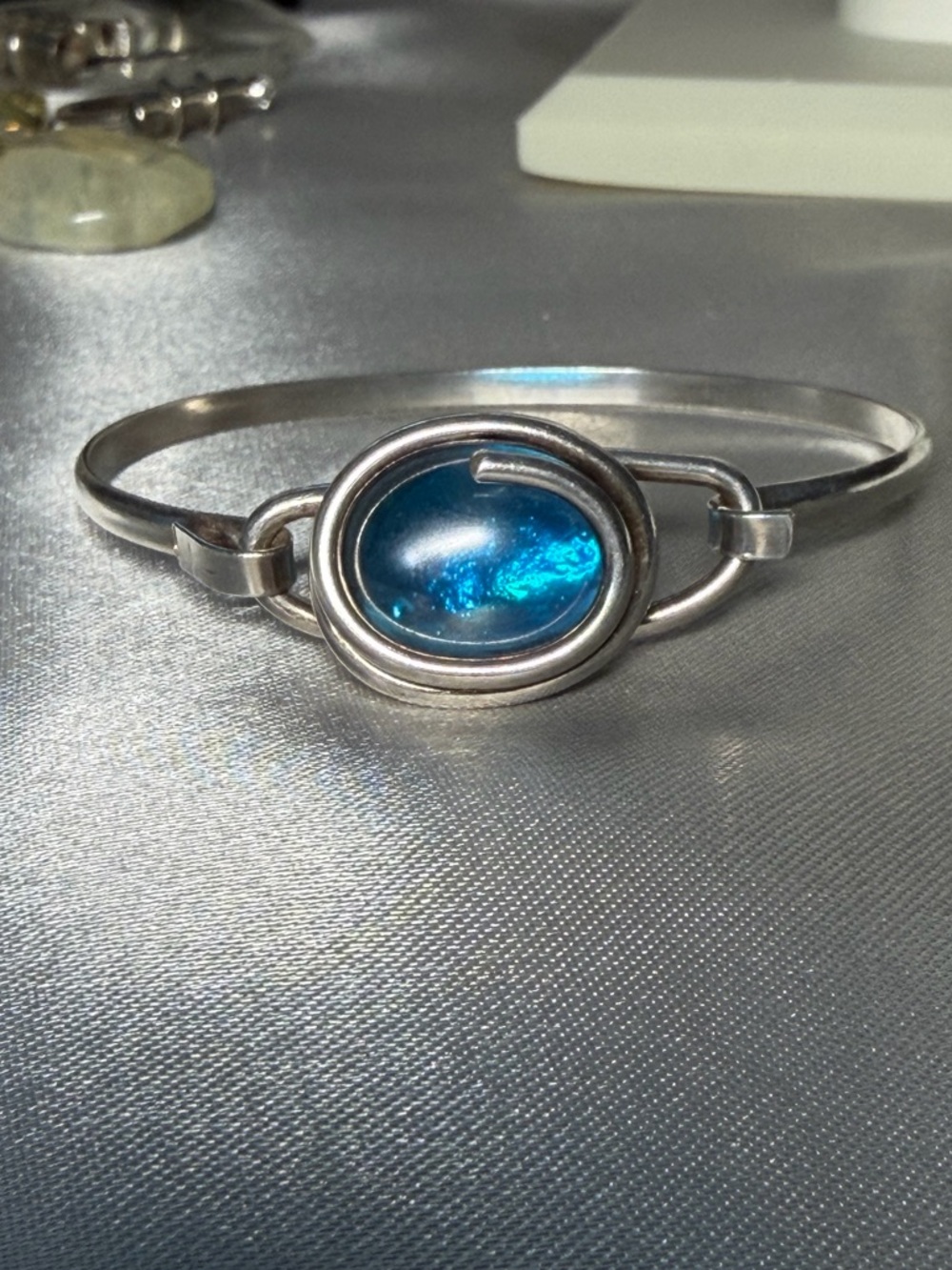 AK Sterling Silver Blue Jelly Stone Bangle Bracelet - Artisan Turkish 925